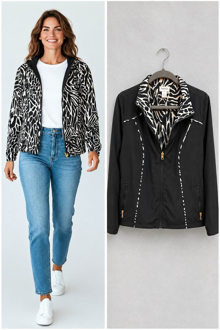 Chico's Womens Black White Reversible Jacket Zebra Print Zip Front Coat Size 1